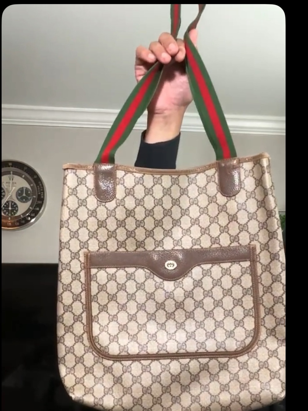 Gucci Beige GG Supreme Canvas Tote with Green and Red Web Straps